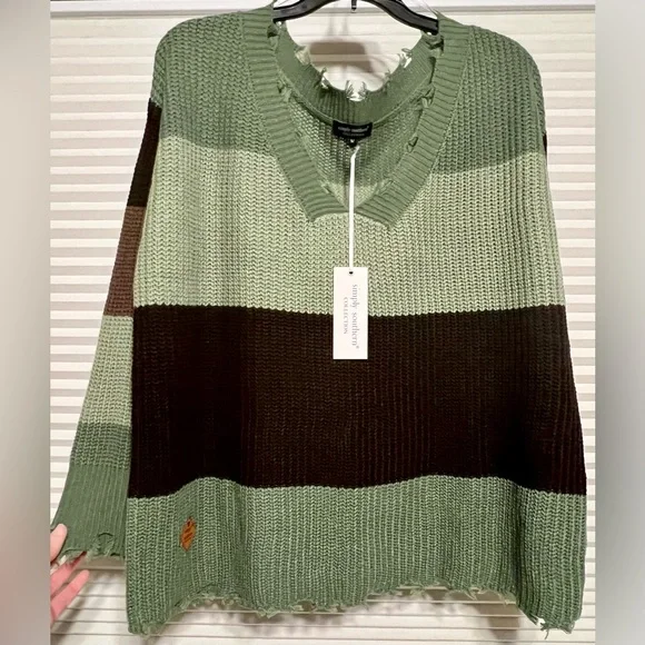 Women’s Simply Southern Green and Brown Striped Distressed Sweater Size Medium - Picture 1 of 12